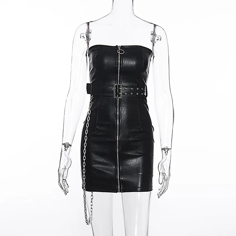 

Personalized Ladies Strapless Mini Skirt, Women Temperament Solid Color PU Leather Sleeveless Zipper Dress with Belt and Chain