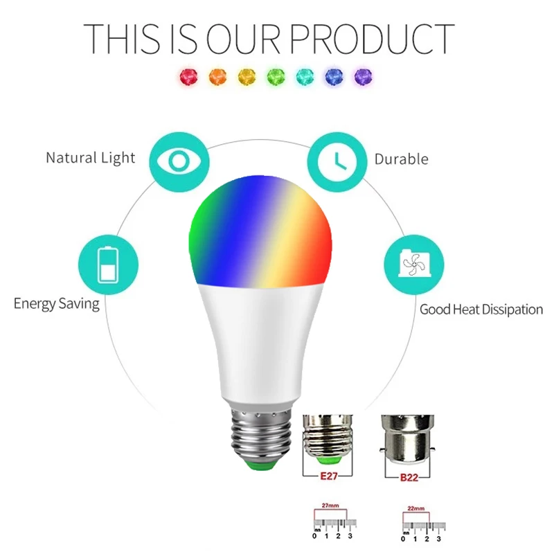 Умная Лампа 15 Вт с регулируемой яркостью E27/B22, меняющая цвет лампа RGB, подходит для IOS /Android