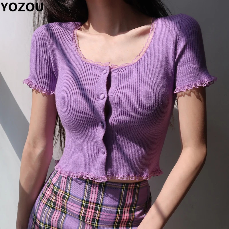 Женский ребристый укороченный Вязаный топ на пуговицах с кружевной отделкой