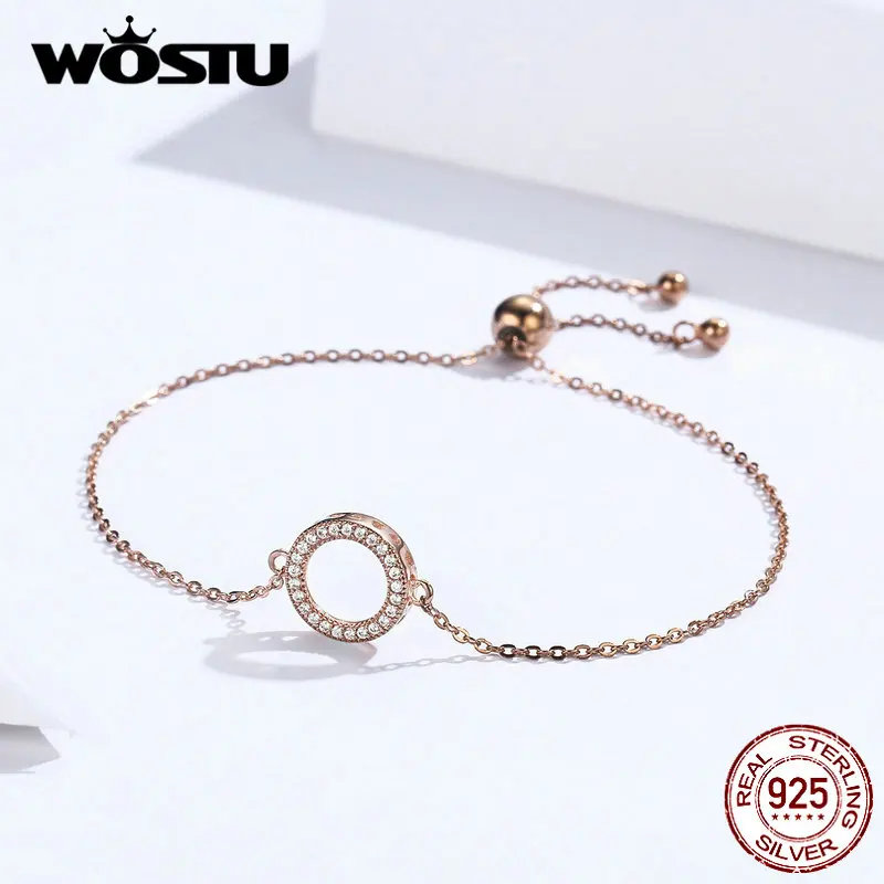 WOSTU, подлинные, 925 пробы, серебряные, розовое золото, браслеты, круглые, цепь, звенья, прядь для женщин, серебро 925, ювелирное изделие, FIB030