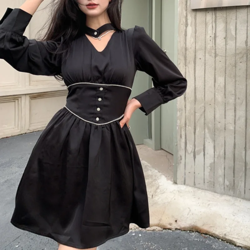 

Женское платье с V-образным вырезом, длинным рукавом и высокой талией