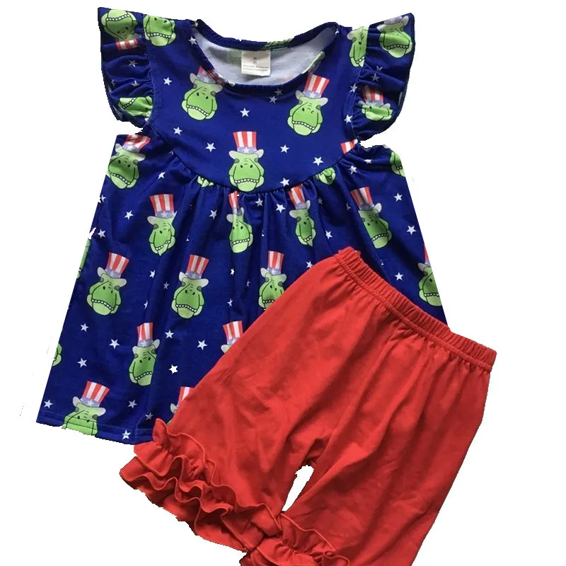 

Новинка, летняя одежда для девочек, штаны с круглым вырезом и короткими рукавами с мультяшным принтом, комплект для девочек на День независи...