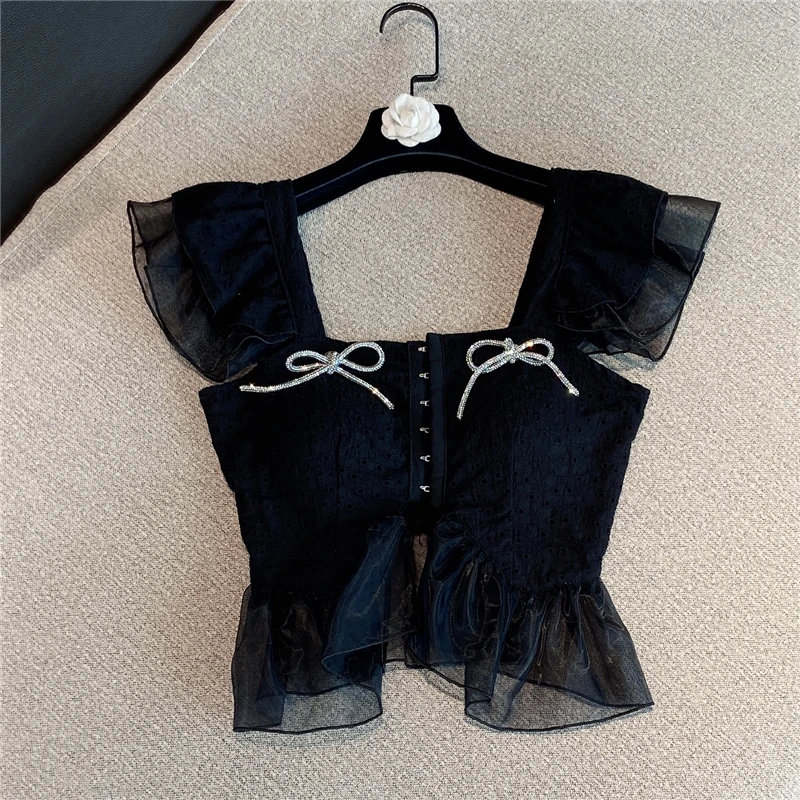 

2021 Spring and Summer New Korean Style Fashionable Sweet Mesh Flying Sleeve Rhinestone Bow Suspenders Vest Female Tops