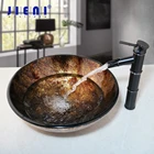 JIENI умывальник круглый стеклянный сосуд Раковина кран стеклянная раковина набор ванная стеклянная раковина черный шар бамбук водопад смеситель кран