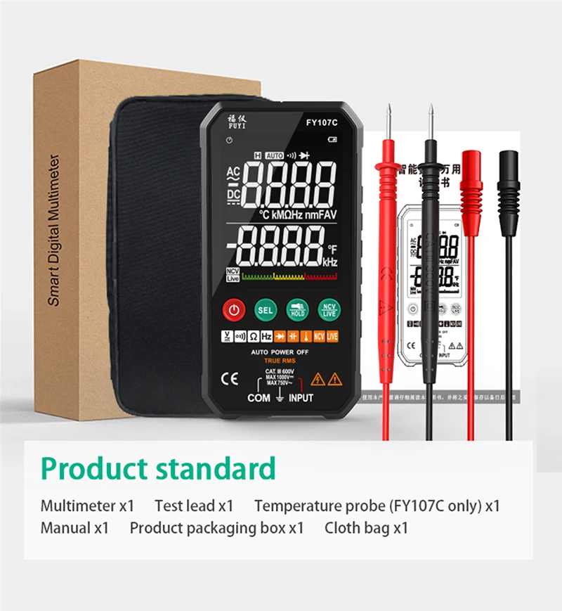 

FY107C/FY107B 6000counts Digital Multimeter Ture RMS AC DC NCV Transistor Capacitor Temperature Voltage Smart Meter