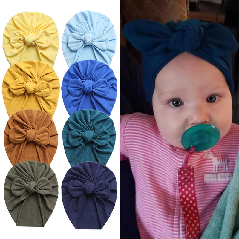 Новая детская чалма одноцветная мягкая хлопковая милая шляпа с заячьими ушками