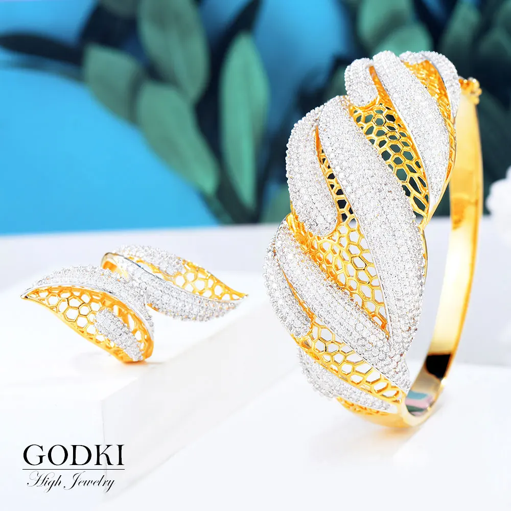 

GODKI Trendy Luxury 2Tone Crossover Statement Bangle Ring Set Jewelry Sets For Women Wedding Cubic ZirconIA Dubai Party Bracelet