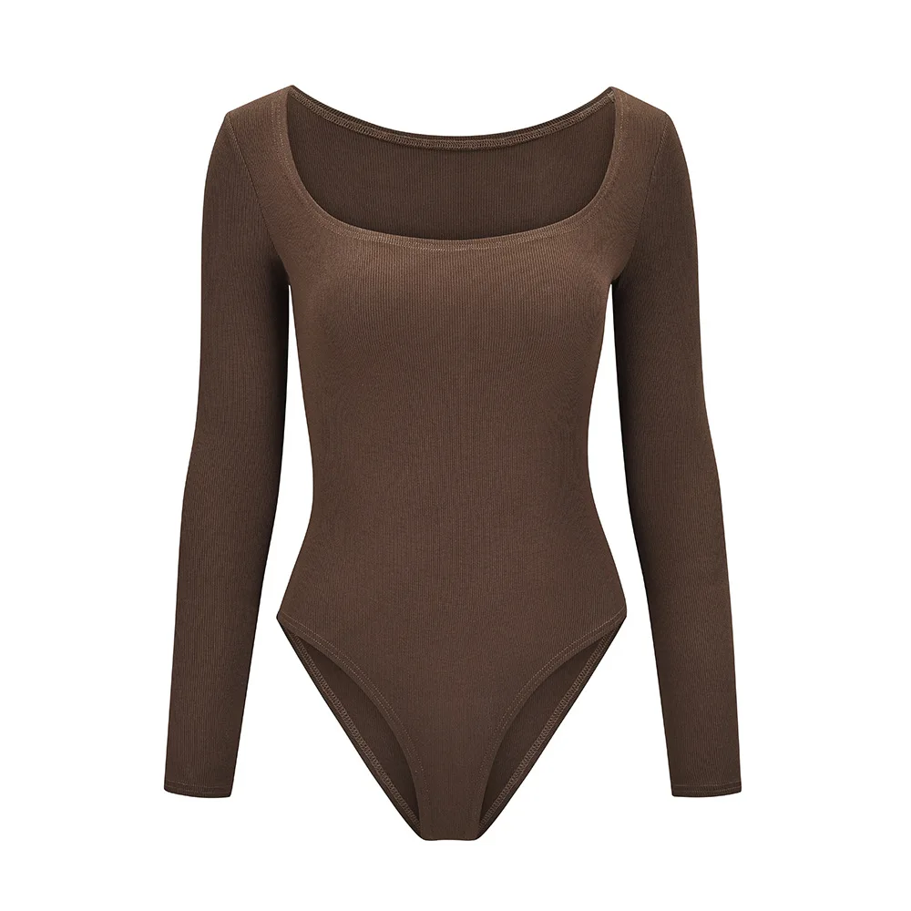 one shoulder bodysuit Shestyle Long Sleeve Bodysuits 2021 Spring Women Sqaure Neck Vintage Sexy Clubwear Tops Slim Body Building Clothes Brown satin bodysuit