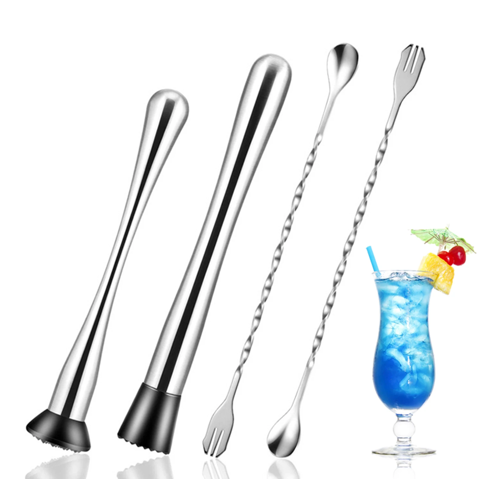 

4 Pack Stainless Steel Cocktail Muddler Mixing Spoon Set Home Bartending Tools Coffee Stirrer Bar Scoops Crushed Popsicles