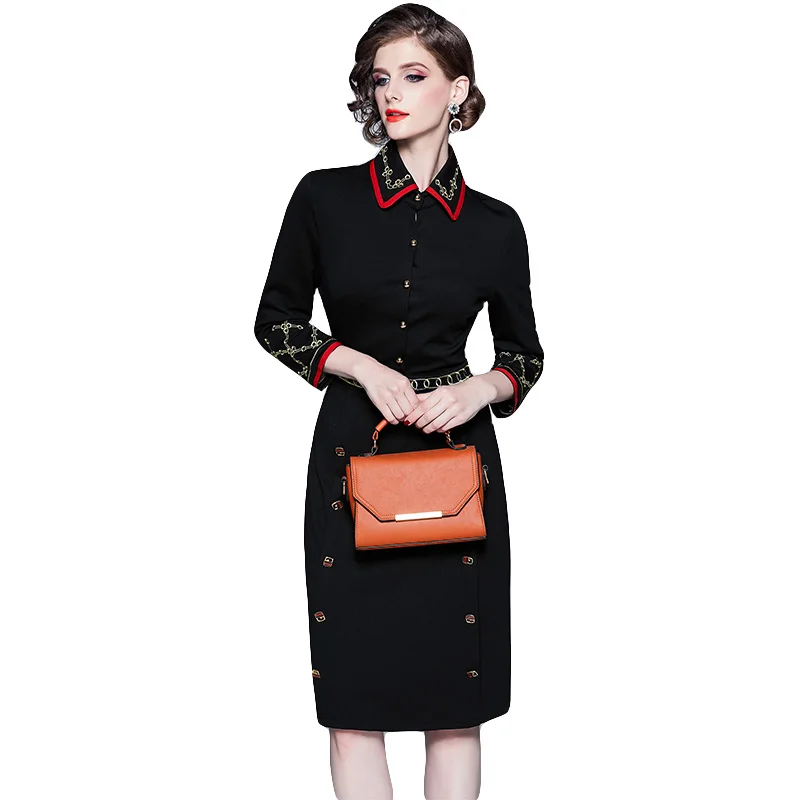 

Runway 2020 Autumn Winter Vintage Office Lady Business Dress Women 's Long Sleeve Turn Down Collar Buttons Embroidery Dresses