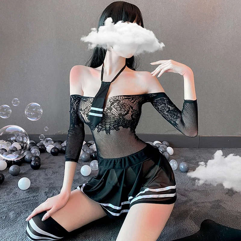 

Sexy See Through Cosplay Student Uniform Lingerie Lady Erotic Temptation Costumes Babydoll Black Mesh Miniskirt Outfit For Women