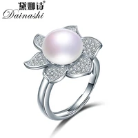 dainashi gorgeous 925 sterling silver flower zircon crystal adjustable ring luxury 100 genuine freshwater cultured pearl ring