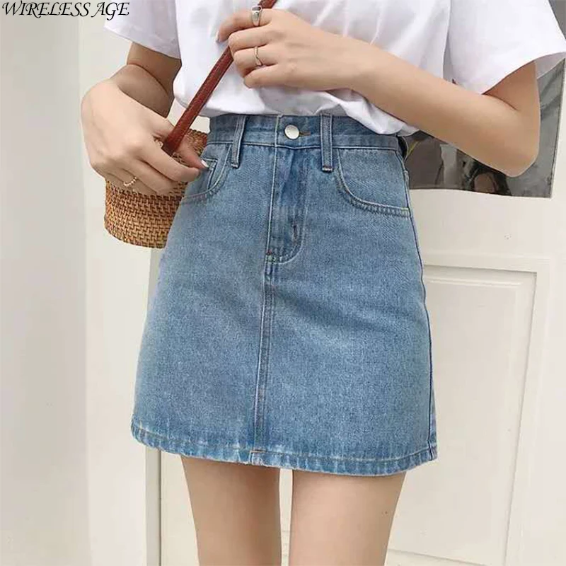 

WIRELESS AGE Denim Skirt Women High Waist Sexy A Line Commuter Solid Color Korean Style New Versatile Sheath Denim Skirt Lady