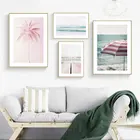 Розовый пляж Гаваи, летний пейзаж, пальма, городской автобус, серфинг, скраб, художественная фотография, постер, настенное искусство, холст, живопись, картина, Декор