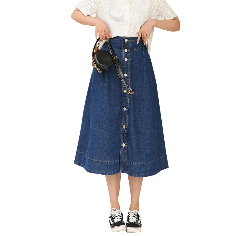 

Denim Skirts Womens High Waist Plus Size A-line Casual Street Style Button Mid-calf Skirt 4XL 5XL 6XL
