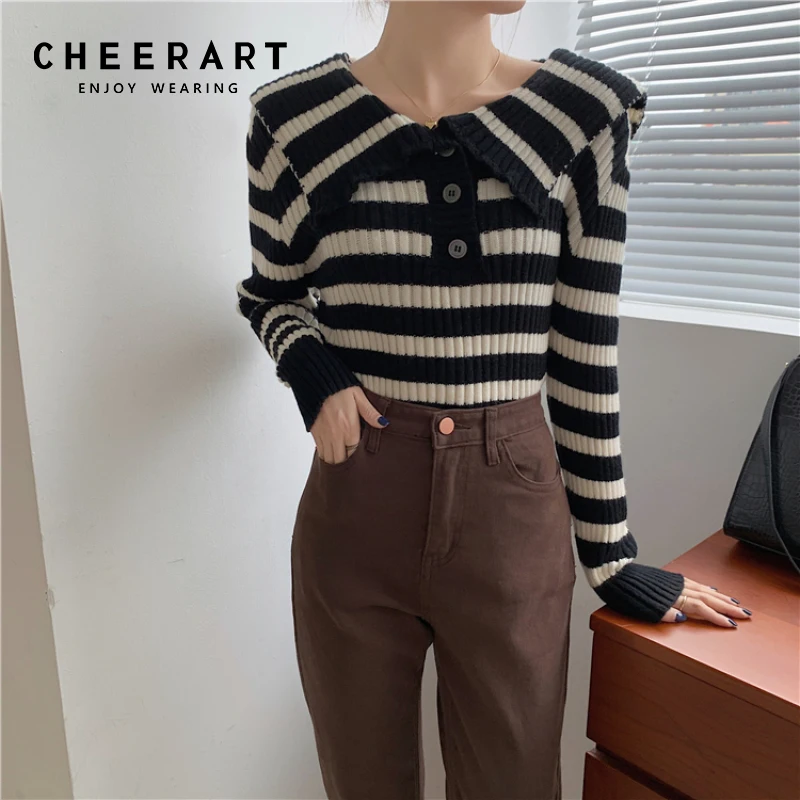 

CHEERART Black And White Striped Sweater Women Korean Fashion Ribbed Preppy Style Sailor Collar Sweater Winter Autumn Clothes