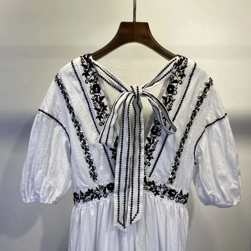 

Sexy V-Neck Long Dress 2020 Summer Party Events Women Sequined Embroidery Deco Short Sleeve Elegant Long White Dress Maxi Beach