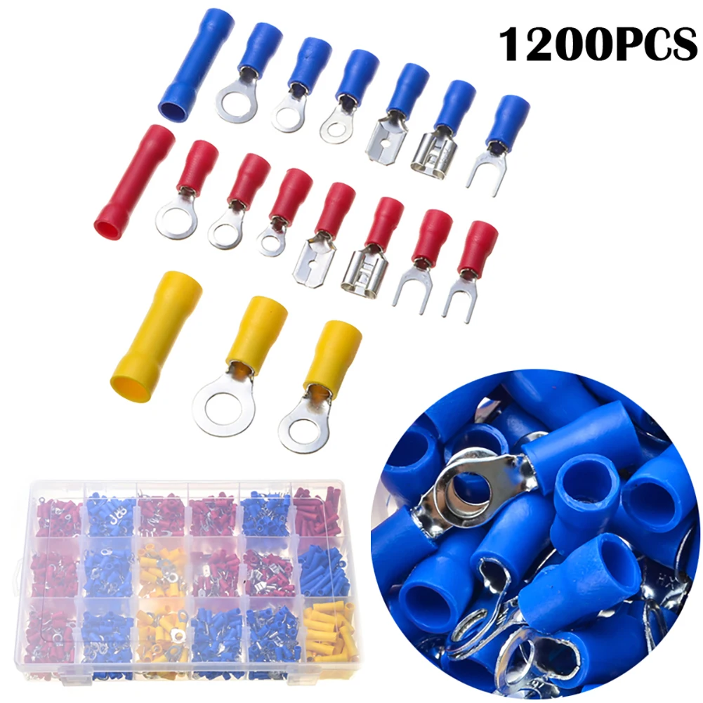 

1200pcs Insulated Cable Connector Electrical Wire Crimp Spade Butt Ring Fork Set Ring Lugs Rolled Terminals Assorted Kit