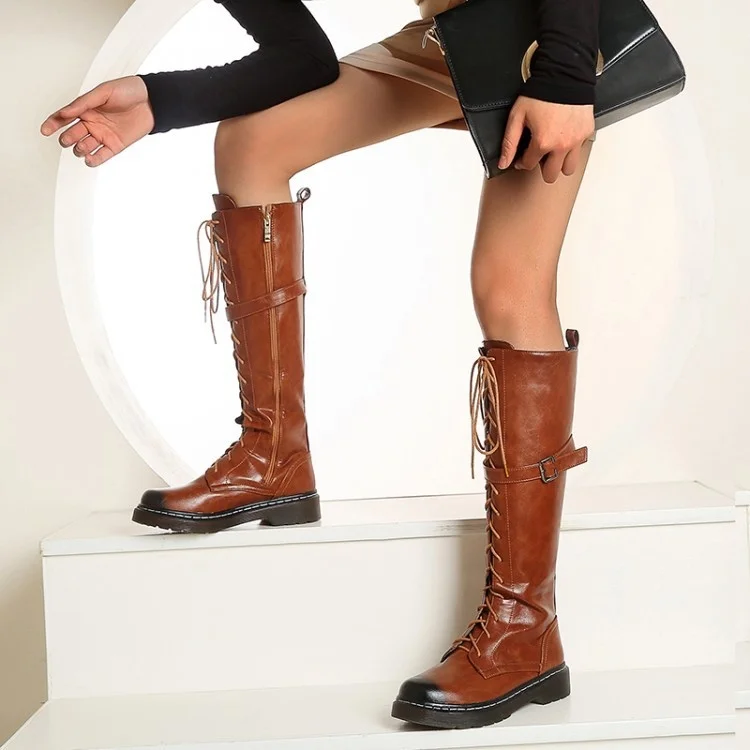 

Женские полусапоги до колена с круглым носком, водостойкие ботинки из искусственной кожи на шнуровке, на плоской подошве, Осень-зима