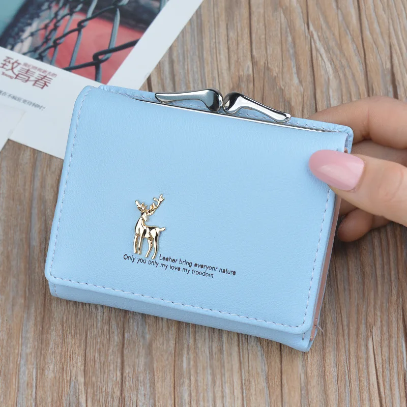 Blue Милый женский мини-кошелек с оленем, короткий кожаный кошелек для девушек, складные кошельки, клатч, Pu держатель для карт, женские кошельки в стиле ретро, Portfel Damski - Цвет: Blue