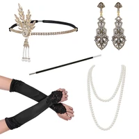 1920s vintage style womens party bachelor party jewelry set headband necklace cigarette rod earrings gloves 5 piece set