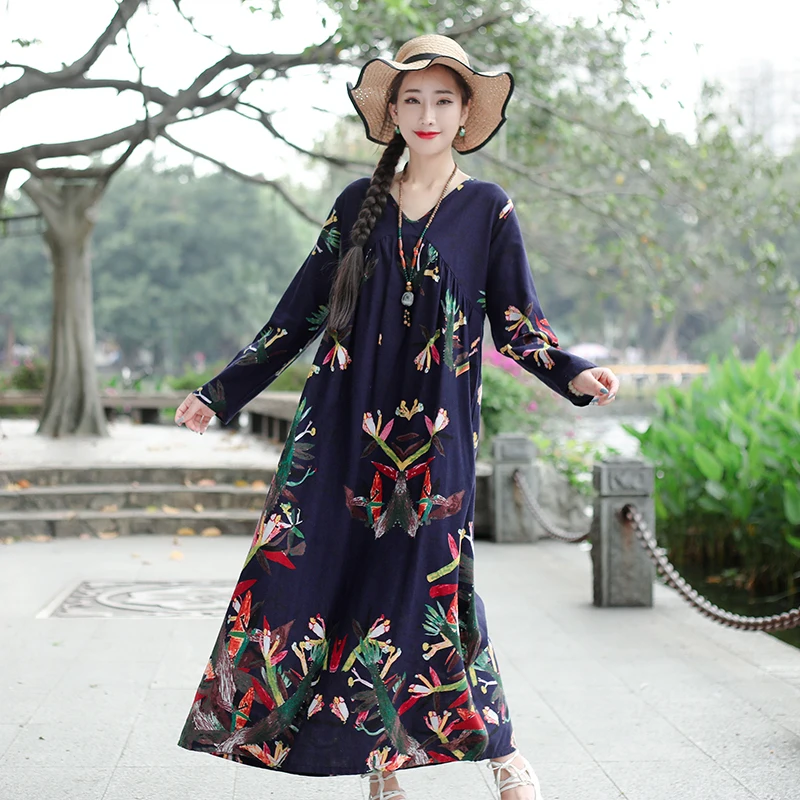Новинка 2019 Осеннее женское платье длинный рукав принт хлопок и лен длинные