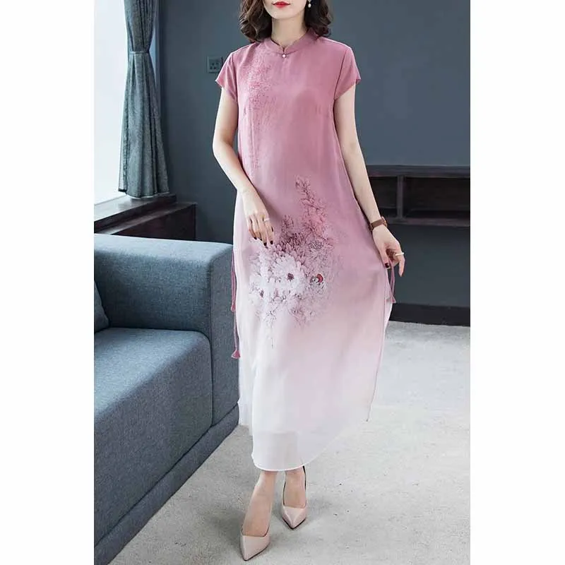 

Pink Silk Dress Vintage improved Cheongsam Elegant Large Size 2020 Spring Summer New Women's Dresses X897