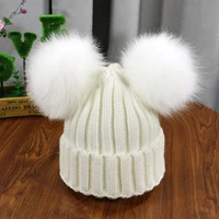 winter baby knit hat with two natural pompoms boy girls natural fur beanie kids caps double real fur pom pom hat for children