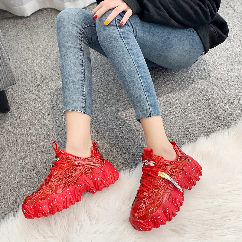 Женские кроссовки на платформе с массивным каблуком Блестящая спортивная обувь