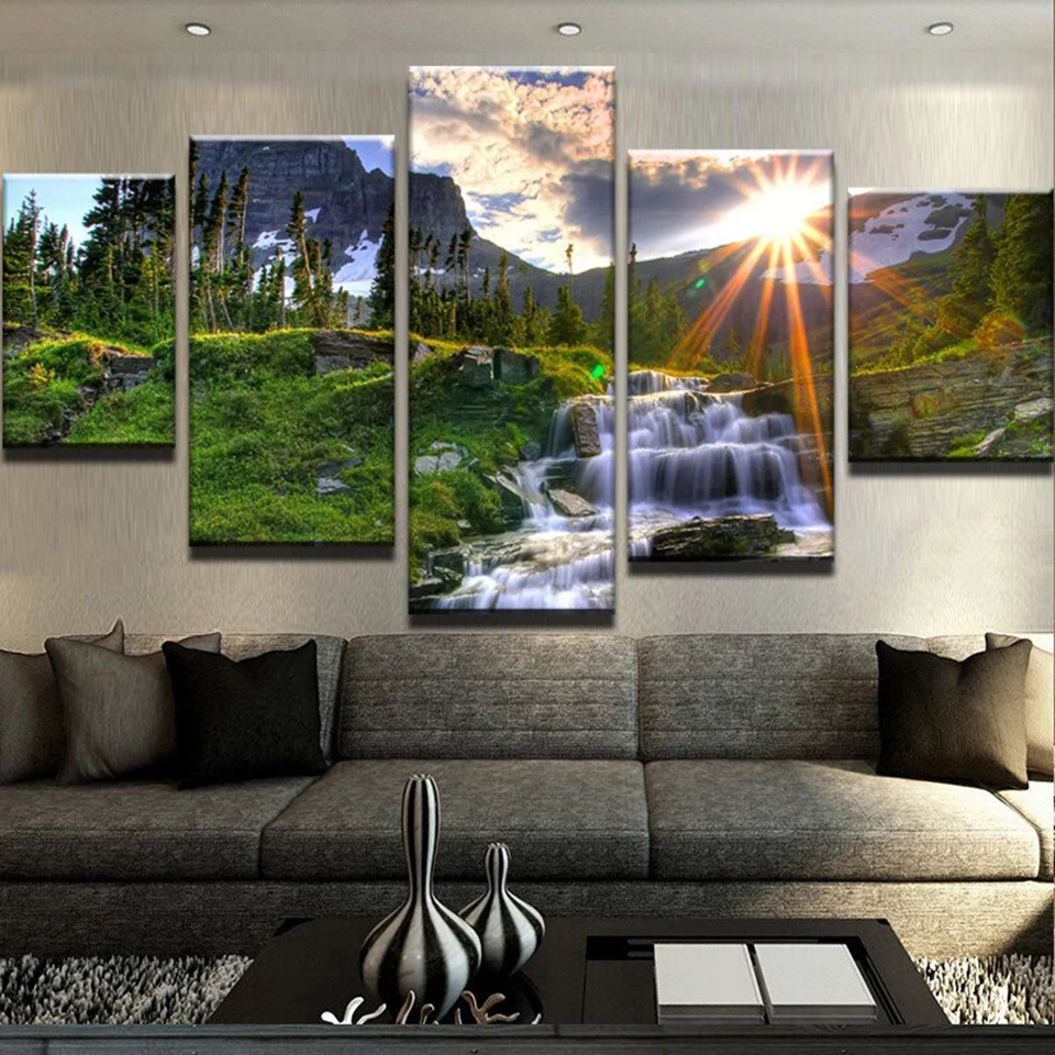 

Canvas Wall Art Modular Painting HD Print Poster 5 Pieces Sunrise Forest Waterfall Scenery Picture Home Decor Living Room Framed