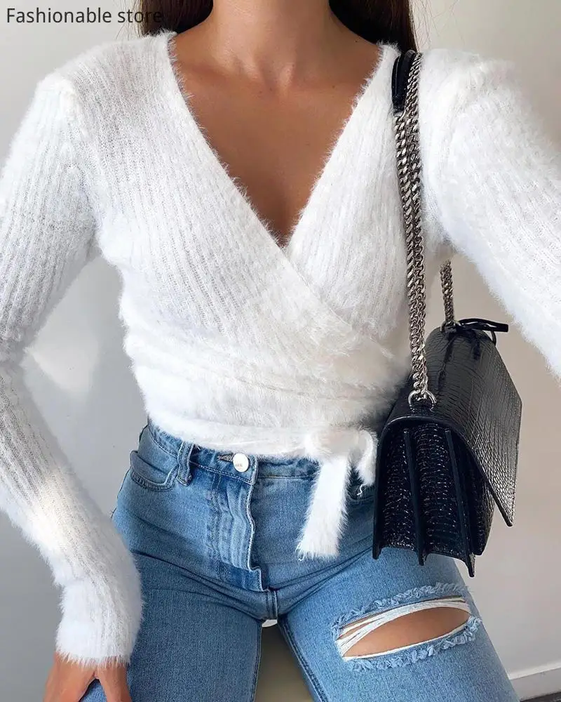 

Women Winter V Neck Long Sleeve Lace-up Short Sweater