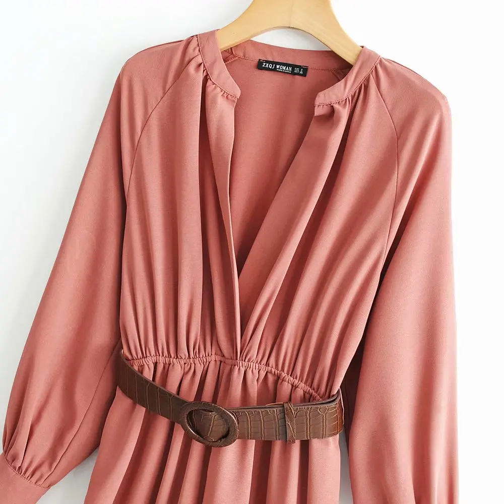 Fashion 2019 jumpsuit long sleeve with belt za pink v-neck high waist rompers womens | Женская одежда