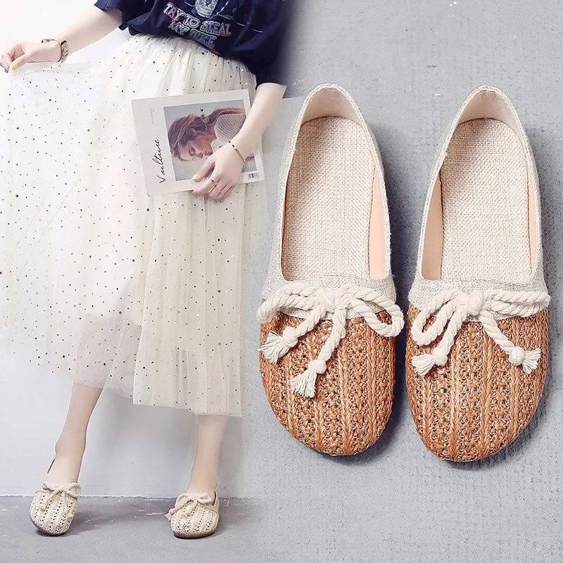 Spring Women Flats Hemp Slip on flat Shoes Woman Canvas Loafers Bowtie Casual Shoes Comfortable Ladies Shoes