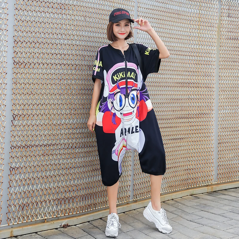 Женский тонкий комбинезон на молнии Свободный с коротким рукавом и мультяшным