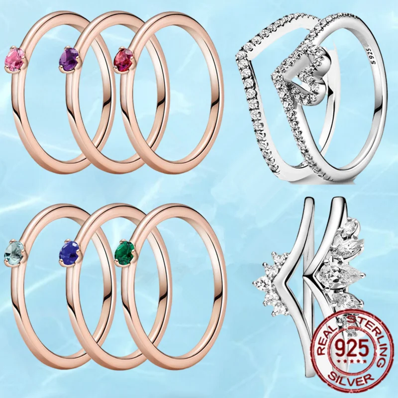 

New 2023 Valentine's Day Cool Hues Solitaire Ring Stack Zircon jewellery 925 Sterling silver Rings Women ring