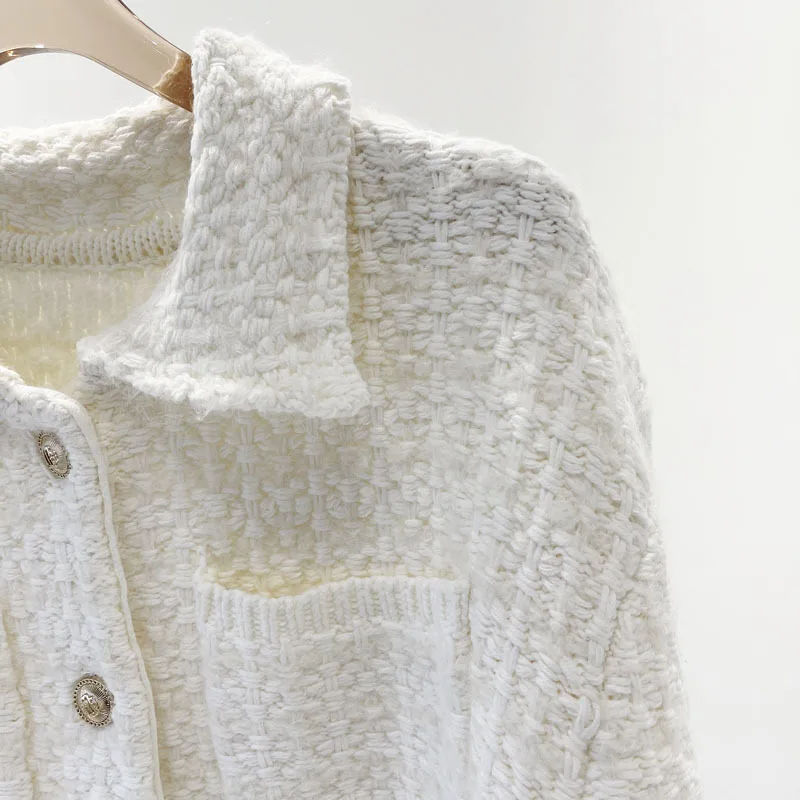 

Женский твидовый однотонный вязаный кардиган, новинка 2022, однобортный женский свитер с карманами и отложным воротником и длинными рукавами...