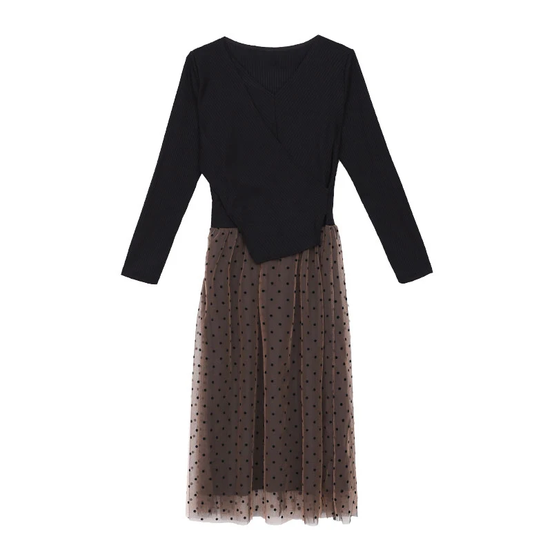 

plus size women mesh patchwork dress autumn 2020 long sleeve v new dot kint patchwork fashion knee length A line dresses