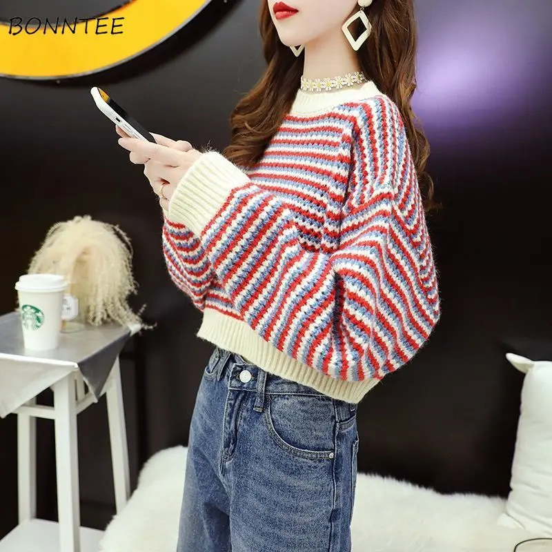 

Women Pullover Winter Short Style Sweater Batwing Sleeve Striped Casual Soft Knitted Loose Streetwear Korean Fashion Ulzzang INS