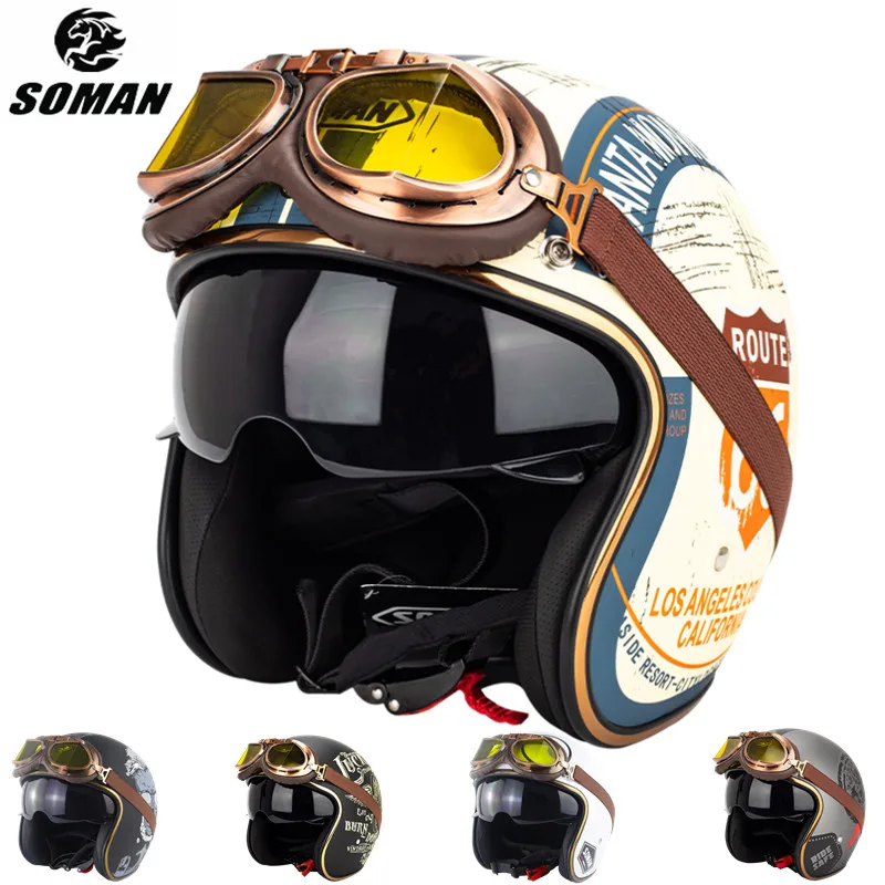 

Мотоциклетный шлем Cafe Racer с ретро-очками, шлем Чоппер, Мужской винтажный защитный козырек на лицо для мужчин 3/4