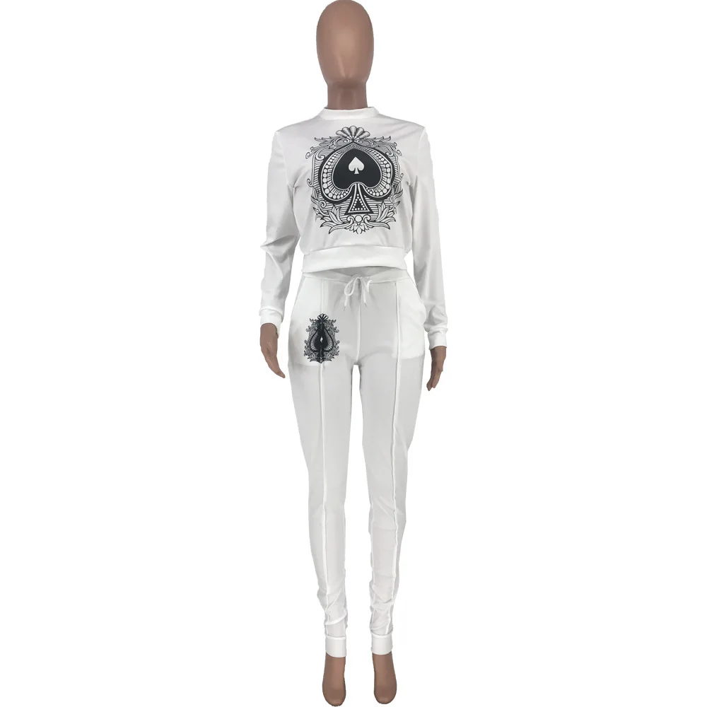 

Poker Card Print Two Piece Matching Set Fall Clothes for Women Long Sleeve Slim Crop Tops+zipper Split Hem Skinny Pant Sportwear