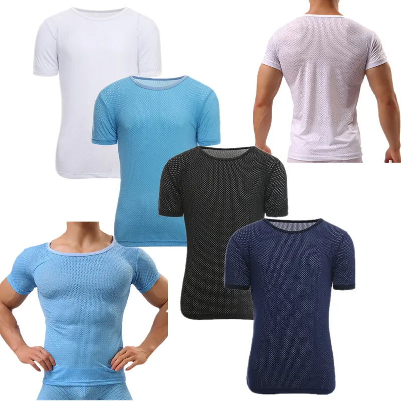 

Summer Men Undershirt Short Sleeve Mesh Breathable Sexy T-Shirt Absorb Sweat Quick-Drying Tops Tee Sports Fitness Gay Clothing