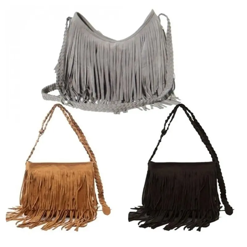 Женская сумка мессенджер из искусственной замши с кисточками через плечо