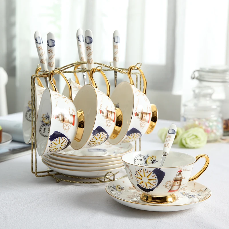 6Cups n Holder Ретро штамп костяной фарфор чайная чашка блюдце ложка набор 200 мл Европейская Современная фарфоровая кофейная чашка кафе керамическая чайная чашка Прямая поставка - Цвет: 6Cups n Holder