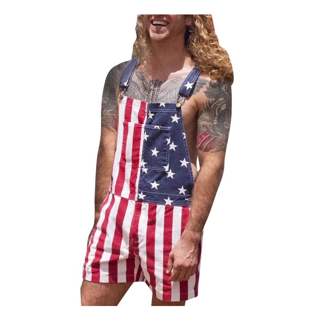

Hot Men's Plus Size Pants Flag Print Pocket Fashion Jumpsuit Men Clothing High Quality Button Casual Jumpsuit 2021 Fast Shipping