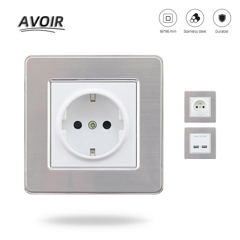 

Avoir EU FR Standard Wall Power Socket Dual USB Port Socket Power Adapter For Mobile Stainless Steel Panel Outlet Plug