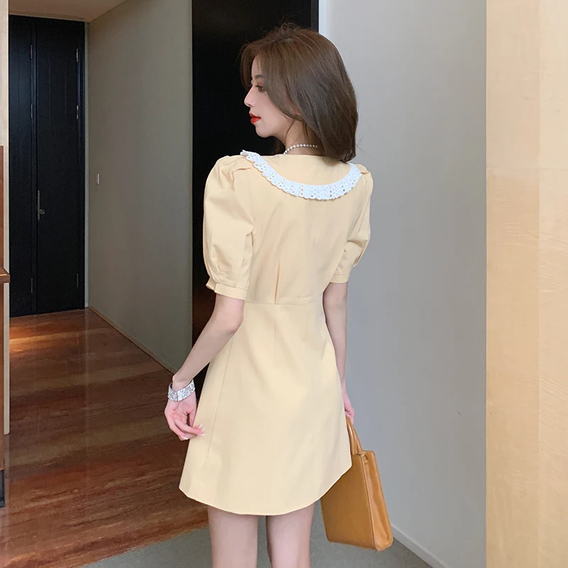 

COIGARSAM Women one-piece dress korean New Summer V-Neck Dresses Yellow Light Blue 9233