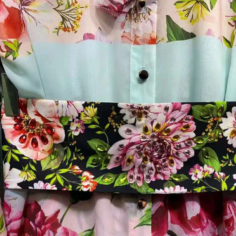 

SEQINYY Loose Dress Elegant Sicily Style Summer Spring New Fashion Design Women Bow Blooming Flowers Print Mini Beading Belt