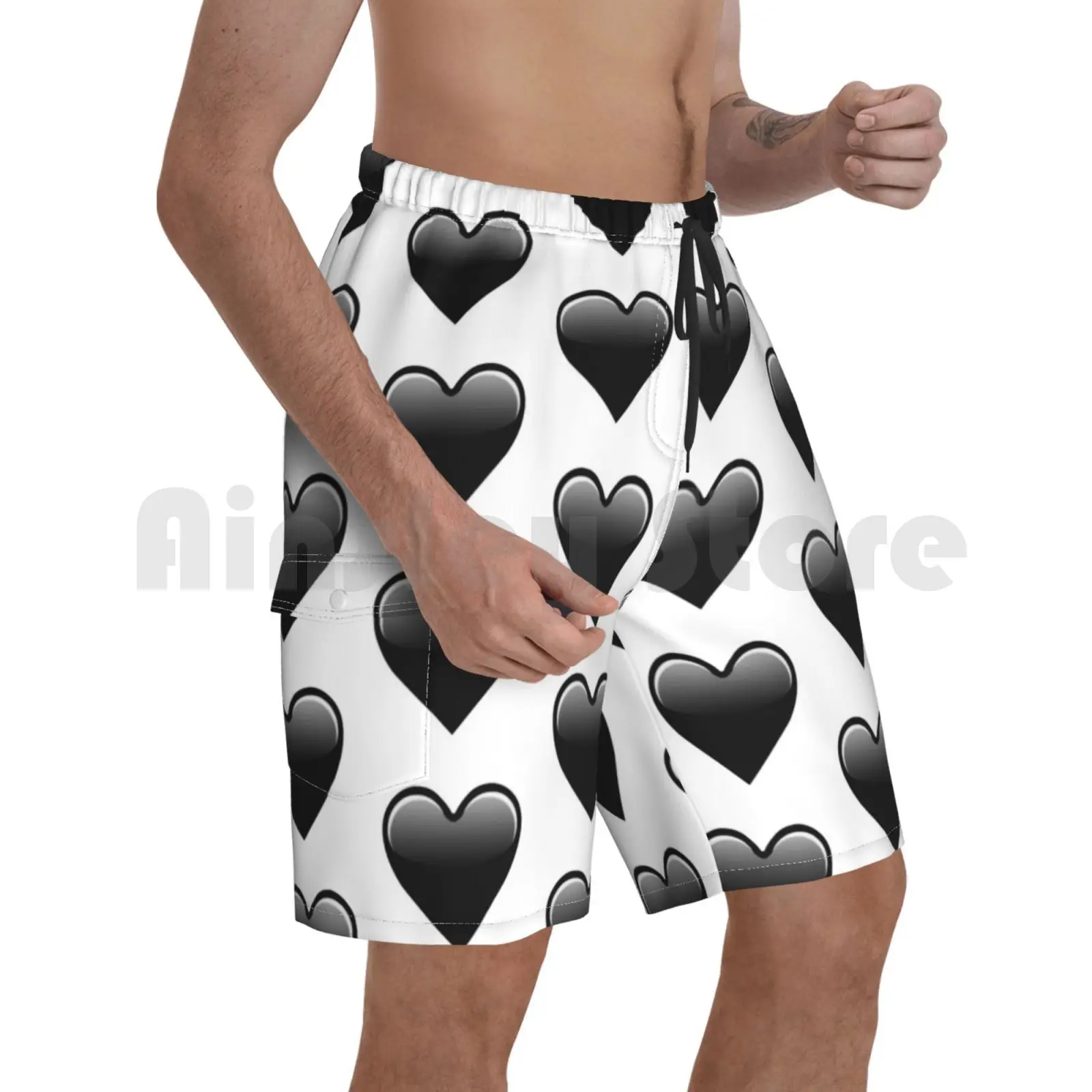 

Black Heart Love Beach Shorts Men Beach Pants Swim Trunks Cute Smile Funny Face Happy Fun Sweet Kiss Color Emotion
