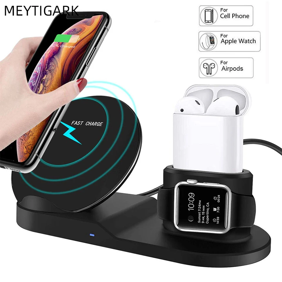 10 Вт 3 в 1 Qi Беспроводное зарядное устройство для iPhone XR XS Apple Watch 2 4 мобильного