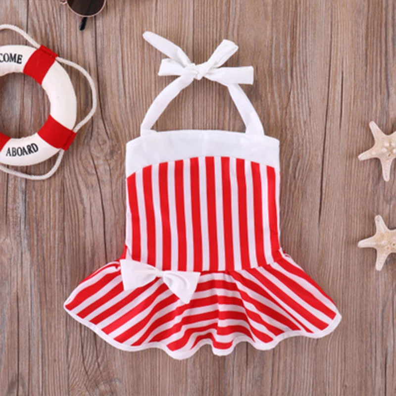 Baby Girl New Design Swimsuit Children Red&ampWhite Striped Bow Kid Vacation One-piece Cute Fashion Swimwear Bathing Suit | Мать и